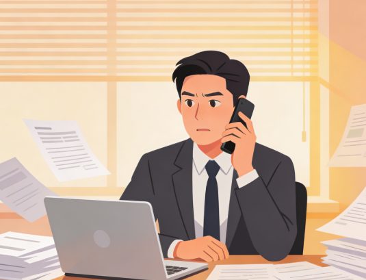 전화로 조사관을 설득하는 세무사 일러스트